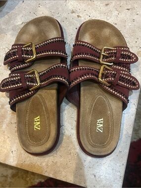 Zara Wine Red Buckle Chain Slide Sandals